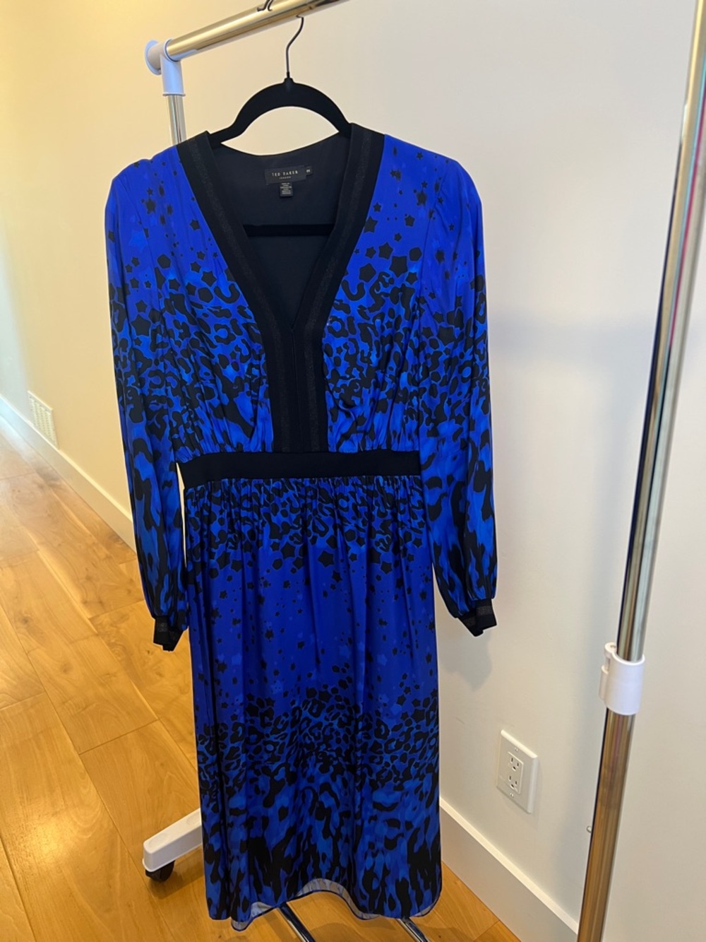 Ted Baker Blue and Black V-Neck Long Sleeve Midi Dress